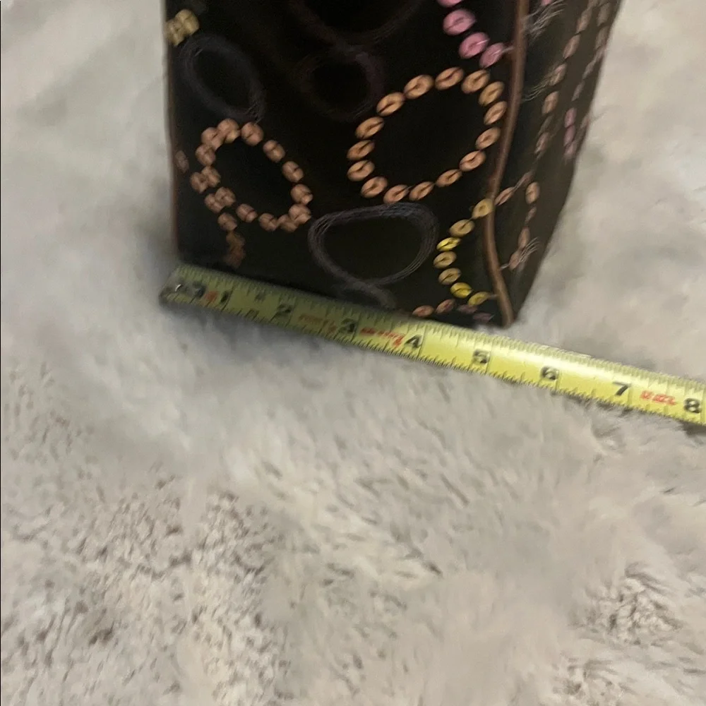 MZ Wallace Brown Neutral Embroidered Sequin Circles Leather Handles Canvas Tote